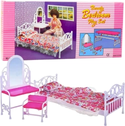 Dukkemøbelsæt med seng, toiletbord og stol med blomstret sengetøj
