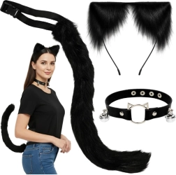 Sæt med katte-/ræve-/ulveaccessories RUHHY – sort 3-delt kostume med hale, ører og choker
