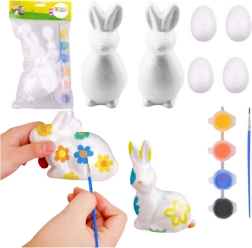 Sæt til maling af polystyrenpynt 2 kaniner og 4 æg med farver