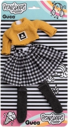 Tøj til dukken Penelope 34 cm – strikket sweater, ternet nederdel og sokker