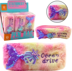 Plys penalhus med havfruehale, lyserød-lilla med palietter