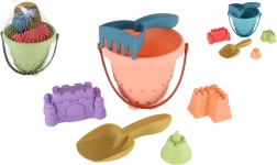 Plastiksæt til sand med spand, skovl, rive og 3 forme i net