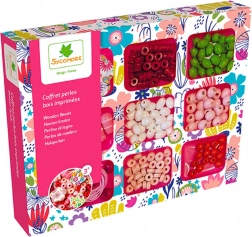 Træperler i æske med rum til smykkefremstilling