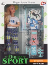 Dukke med led og fitness-tilbehør