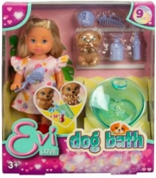 Dukken Evička med hund og tilbehør