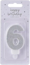 Sølvfarvet kagelys nummer 6, 7 cm