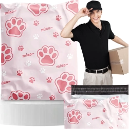 Lyserøde postpoly-mailers med kattepote-motiv 320 × 450 mm, pakke med 50 stk.