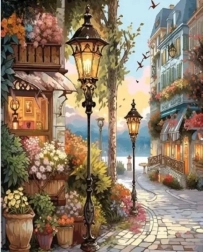 Diamantmosaik - Blomstergade med lamper