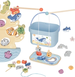 Træ havsæt 3-i-1: balance­tårn, magnetisk fiskeri og snoreperler – 23 dele