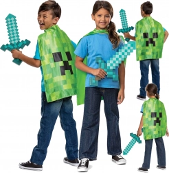 Minecraft-kostume med diamantsværd og creeper-kappe til børn