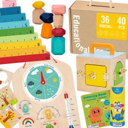 Tooky Toy montessori læringsboks 6-i-1: låseboks, balanceklodser, vejrplade, tælling 1–10, malebog og bog