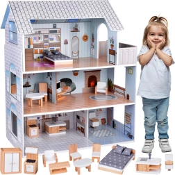 Trædukkehus med 3 etager og møbler