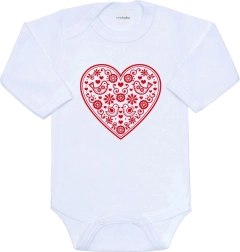 Babybody med print New Baby folkeloftsmønster rødt hjerte, lange ærmer