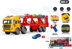 Tung bugserlastbil med transportør og 5 legetøjsbiler