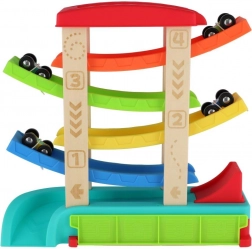 Kaskade racerbane til legetøjsbiler med 4 biler, træ og plast, 33 × 32 × 10 cm