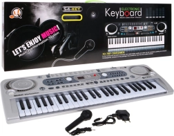 Sølvfarvet børne-keyboardsynthesizer med 54 tangenter, mikrofon og USB-optagelse