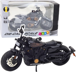Metalmodel af chopper-motorcykel 1:12, sort med gyldne elementer med lys og lyde