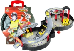 To-etagers parkeringsplads for biler i en kuffert formet som et hjul