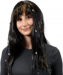 Paryk med sort hår pyntet med gyldne striber og stjerner