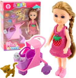 Mini dukke med barnevogn og killinger