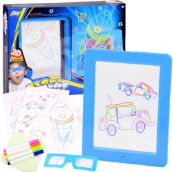 Belyst tegnetavle med 3D-briller og neon-tuscher – Blå