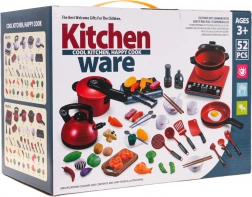 Rødt sæt af gryder med køkken og tilbehør