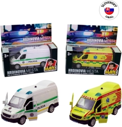 Redningskøretøj i metal med lys og lyd, pull-back 12 cm