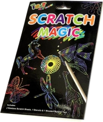 Regnbue-skrabeark med skabeloner og træpind