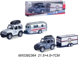 Terrængående jeep med campingtrailer – pull-back metalmodel