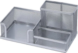 Metal bordorganizer med blyantholder og notatblok, sølvfarvet