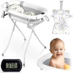 Sammenklappelig babybadekar med stativ, termometer og indsats Ricokids, hvid‑grå