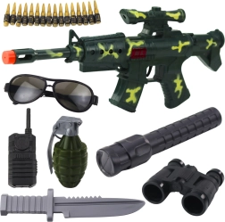Militærsæt til børn med riffel og tilbehør, mekanisk skudlyd, khaki