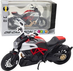 Metal sportmotorcykel 1:12 med lys og lyd – sort med gyldne og røde elementer