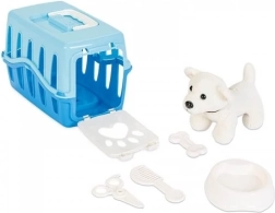 Hund i blå transportkasse