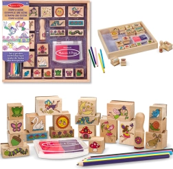 Melissa & Doug kreativt sæt med træstempler – fehave (20 motiver, stempelpude og farveblyanter)