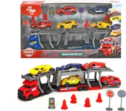 Sæt med autotransporter, små biler og trafikskilte