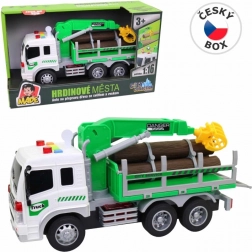 Lastbil til transport af træ med løftearm og lyseffekter