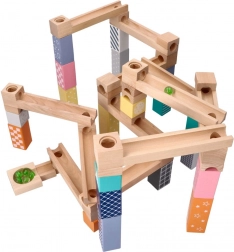 Træ kuglebane i pastelfarver, 53 dele + 6 glaskugler