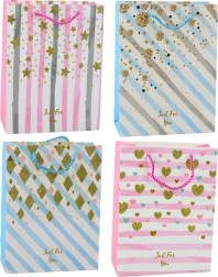 Papirgavepose blå lyserød med glitter 23 x 18 x 10,5 cm