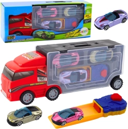 Rød lastbil med mobil garage og affyrer + 3 biler