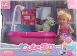 Dukke med badekar og lille hund til børn
