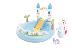 Oppusteligt legecenter Enhjørningeslot med rutsjebane og vandbruser