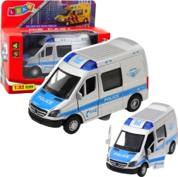 Metal politibil 1:32 med pull back-drev, lys og lyde