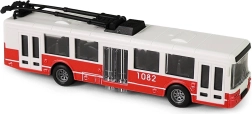 Rød trolleybus med svinghjulsmekanisme og åbnebare døre
