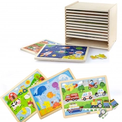 Viga træpuslespil – sæt med 12 ramme-puslespil med 24 brikker på stativ