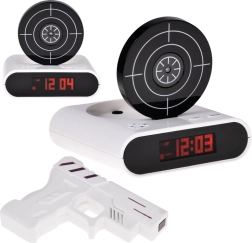 Vækkeur med skiveskydning og pistol, spil og optagelse af alarm
