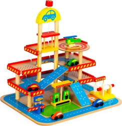 Stor trægarage med elevator og biler fra Ecotoys