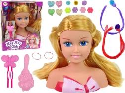 Stylingdukkehoved med perler, hårspænder og farvede totter