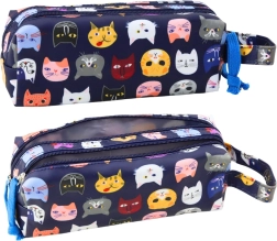 Skolepenal med Farverige Katte To lommer blå 22 cm
