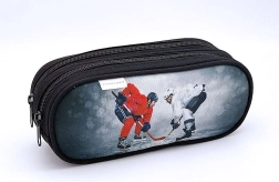 Etui med ishockeymotiv, 2 lynlåse, grå